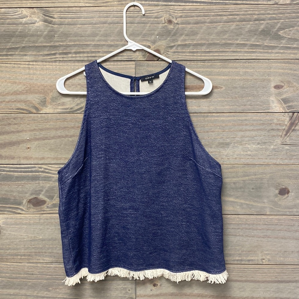 Drew Crop Tank Top Women Large Fringed Hem Blue